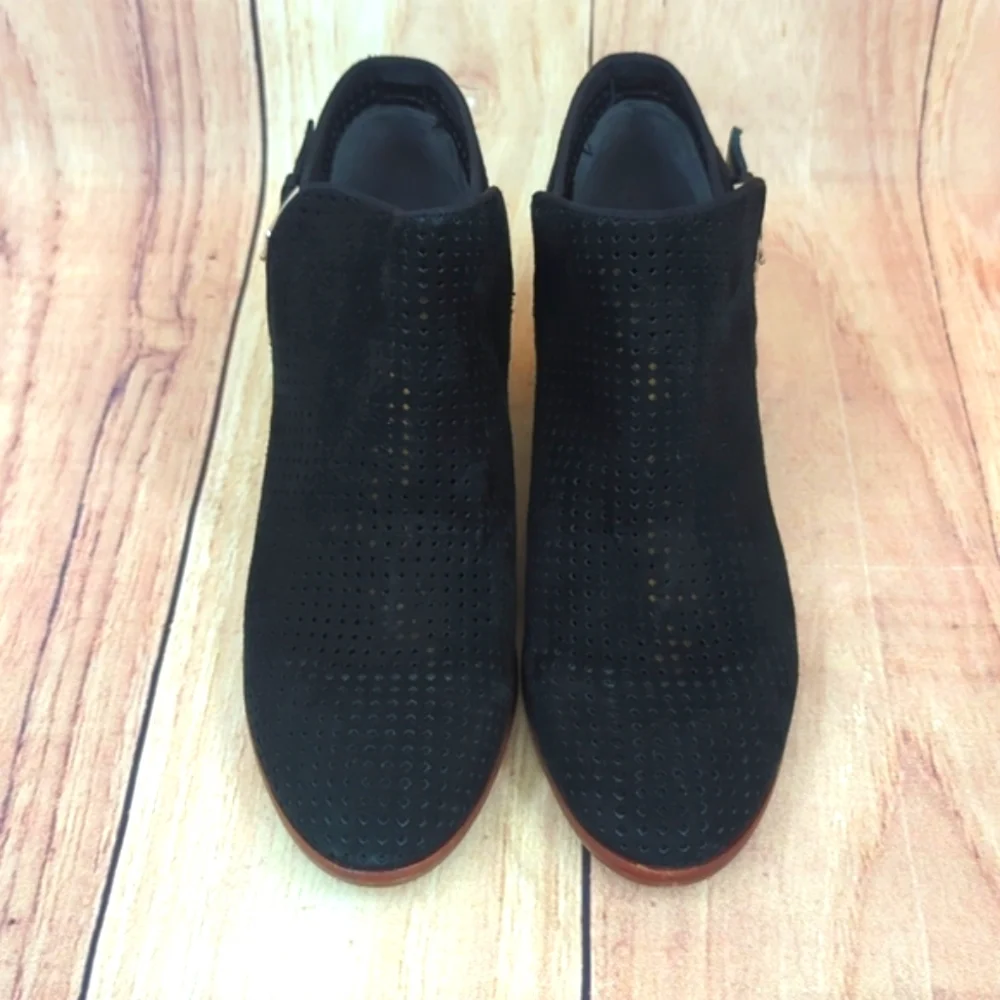 SAM EDELMAN Paula Black Suede Booties Perforated Ankle Boots Slip-On Sz 6
